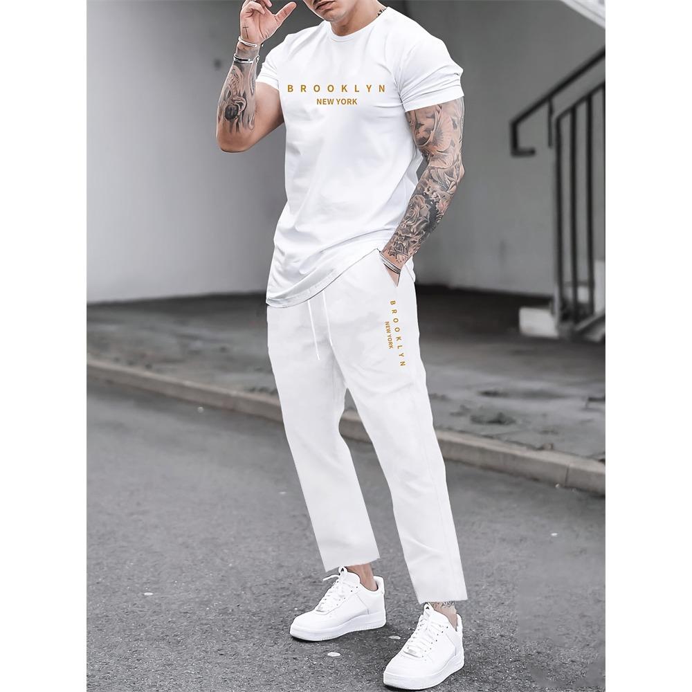 2 Piece Regular Fit Men's Jogger Pants Letter Printed Men's Short Sleeve T-Shirt Set Street Outdoor Casual Fashion Set