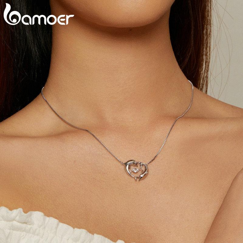 Náhrdelník BAMOER 925 z mincového striebra Connected Double Dolphins Lesklý zirkón Love na krk pre ženy, jemné šperky