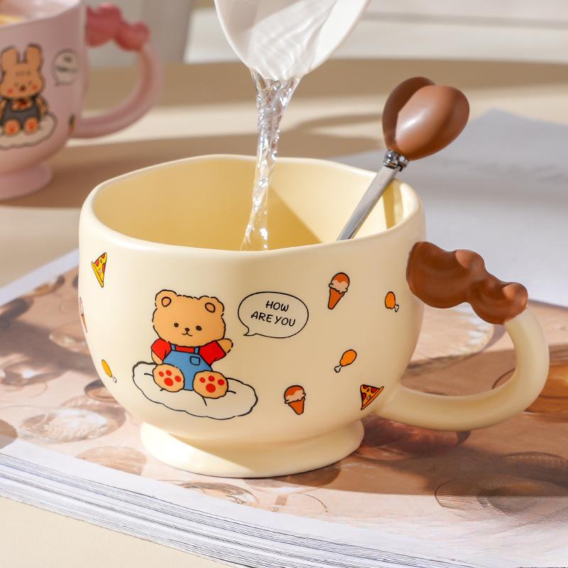Cartoon Bear Ceramic Cup High Looking Oatmeal Breakfast Cup Couple Cup Small High Legged Mug with Cover Spoon