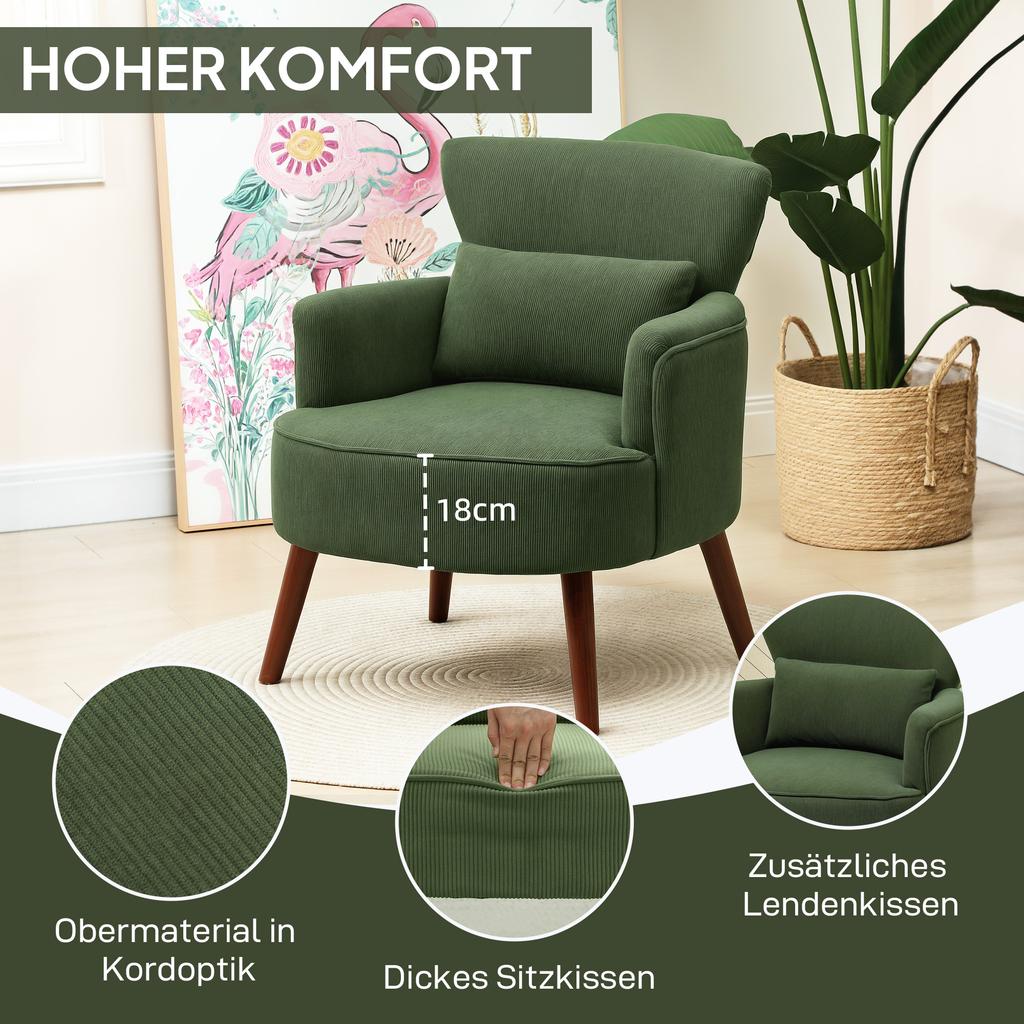 Moderner Sessel, Polsterter Akzentsessel mit Lendenkissen, Grün
