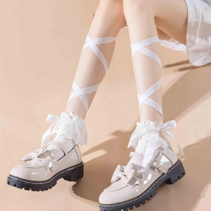 Women Japanese Ballet JK Sweet Ruffle Lace Cotton Crew Socks Elegant Ribbon Tie Bandage Solid Color Ankle Socks Hosiery