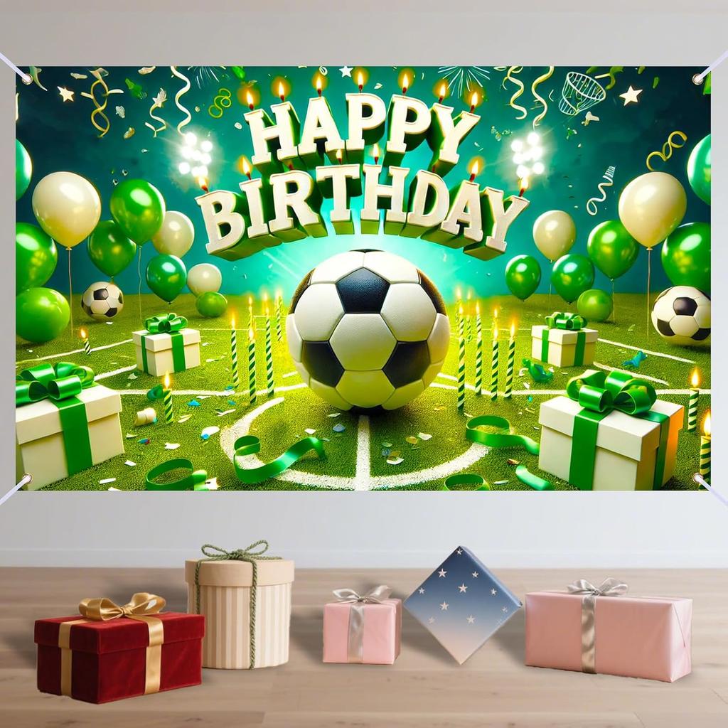 Nuxovilar Soccer Birthday Banner - Sports Theme Party Backdrop with Balls, 71x43 Inch Large Decor for Boys, Kids, Yard Sign, Reble Stadium Background