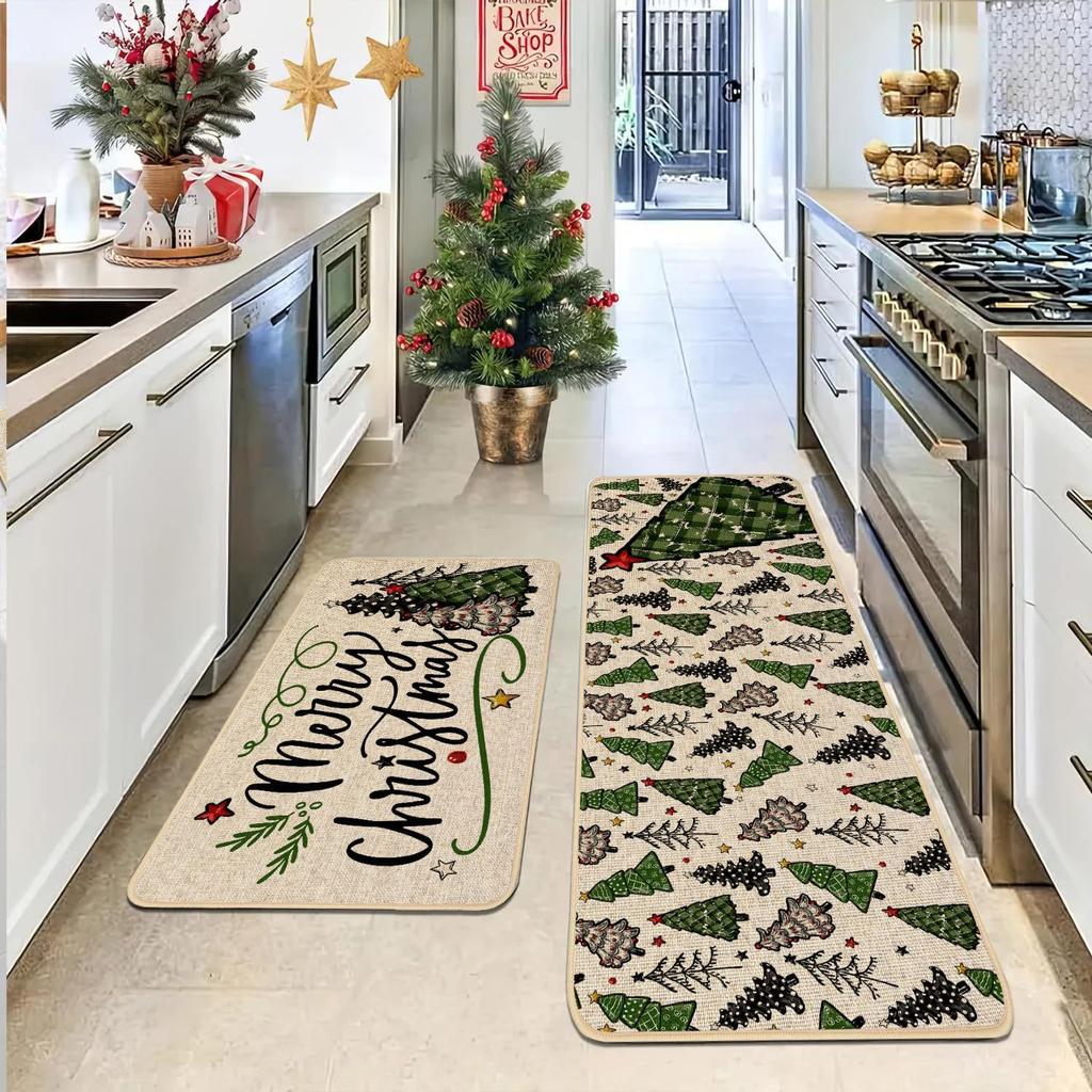 2pcs Christmas Atmosphere Floor Mat Non-slip Stain-resistant Bathroom Mat Kitchen Rug for Holiday Home Decoration