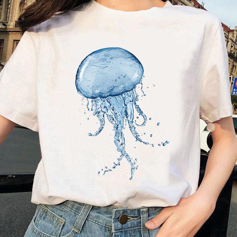 Aquarell Quallen Design T-Shirt Damen Druck Harajuku T-Shirt O-Ausschnitt Damen Shirt Ärmel Damen Grafik Damen T-Shirt