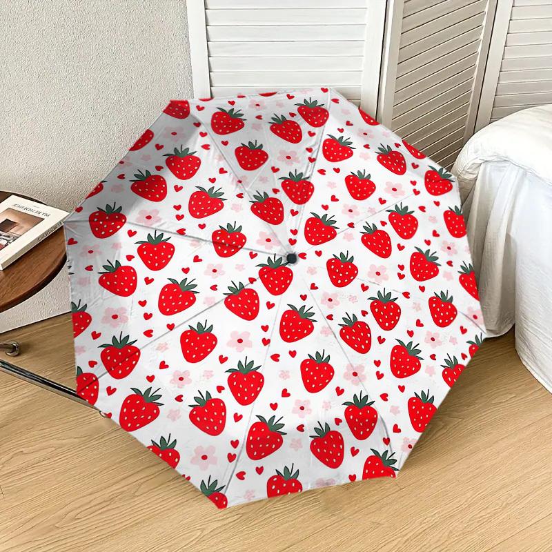 1pc Strawberry Heart Pattern Umbrella Design Automatic Opening and Closing Umbrella, High-quality Travel Umbrella,  C1128042