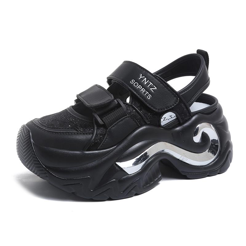 Fashion 8CM Breathable Hollow Leather Women Sandals Vulcanized Mesh Chunky Platform Gladiator Shoes High Heels Casual Summer Sneakers