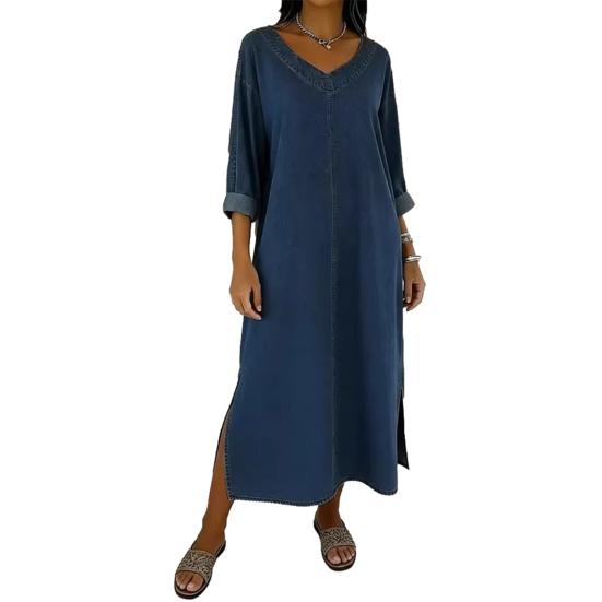 Women s Faux Denim Maxi Dress V Neck 46085 Sleeve Loose Long Dress L темно-синий
