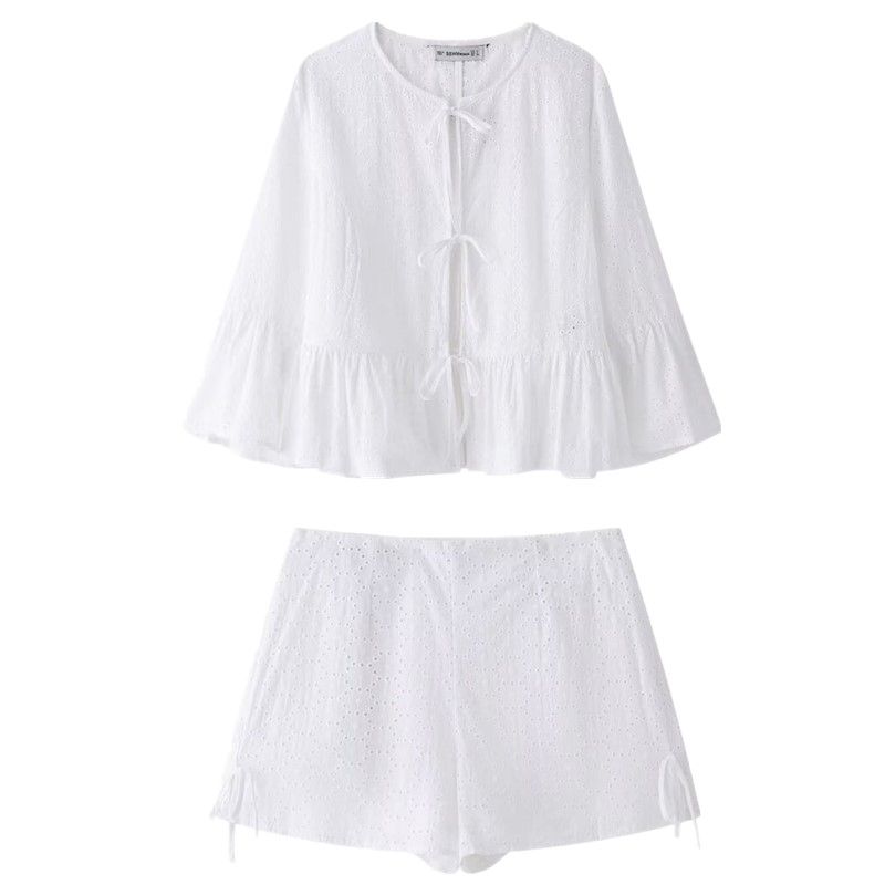 Fashion Style 2024 New Fall Women's Clothing Slim Looking All-Matching Hollow Embroider Shirt Mid Waist Shorts 8399300