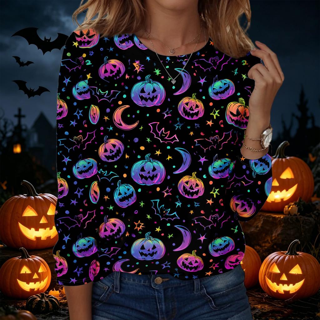 Women's Halloween Printed Pullover Sweatshirt Long Sleeve Crew Neck Top Casual Lightweight Soft Fabric Comfortable Fit