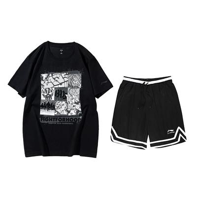 Li Ning American Style Loose Fit Round Neck Short Sleeve T-Shirt Comfortable Striped Shorts Casual Sports Suit Unisex Sportswear AHSUA27-2+YAPV001-1