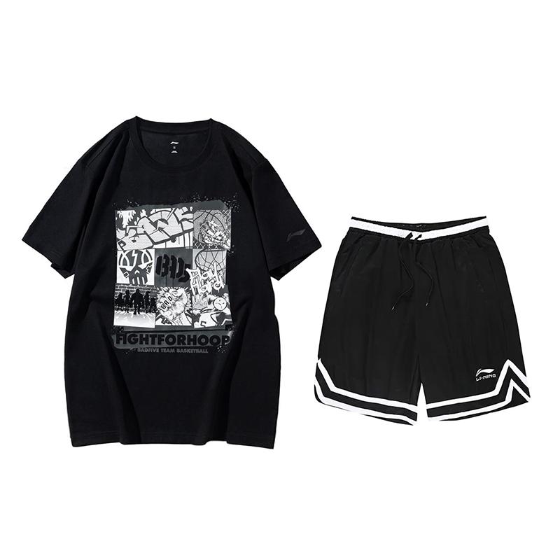 

Li Ning Футболка с коротким рукавом и круглым вырезом свободного кроя в американском стиле, удобные полосатые шорты, повседневный спортивный костюм, унисекс, спортивная одежда AHSUA27-2+YAPV001-1 M