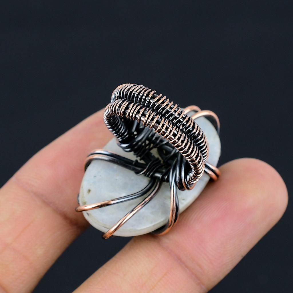 Natural Rainbow Moonstone Gemstone Handmade Copper Wire Wrap Ring Size 6 E7s96