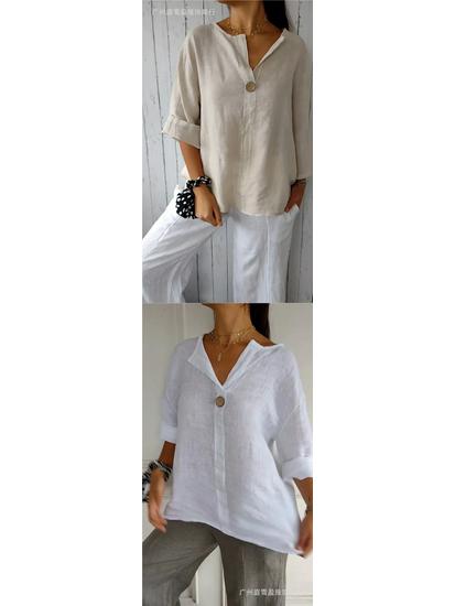 Europe & America Summer V-neck Women's Cotton Linen Button T-shirt
