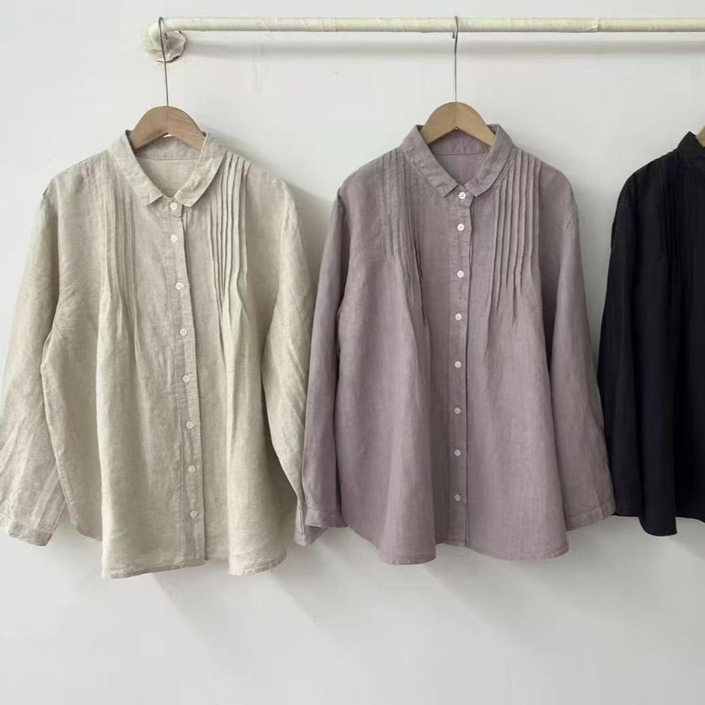1116 spring new women's lapel Japanese linen shirt loose shirt top cardigan retro linen literature and art