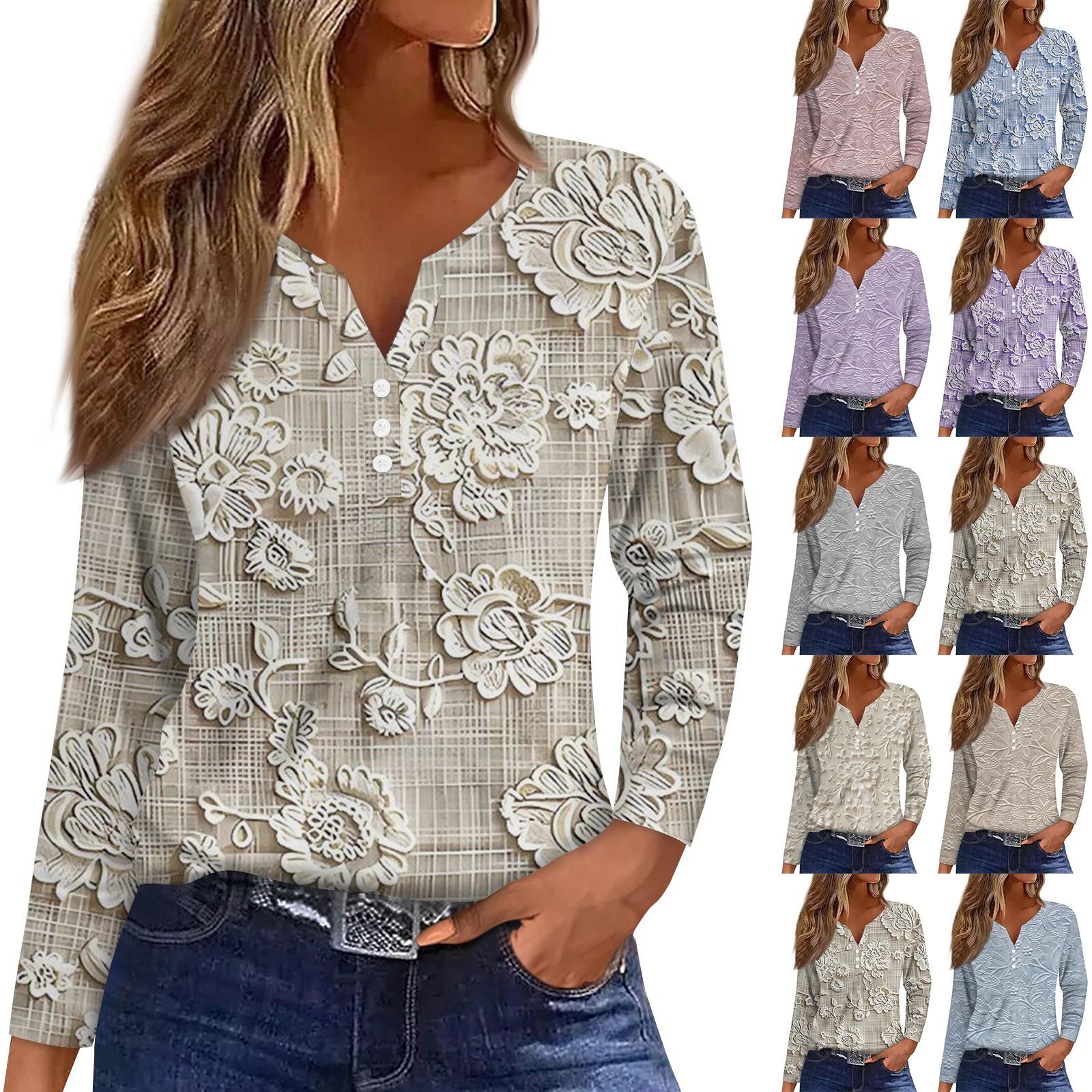 

Жіноча футболка з довгим рукавом і квітковим принтом на ґудзиках, щоденна мода на вихідні, звичайний топ із V-подібним вирізом S
