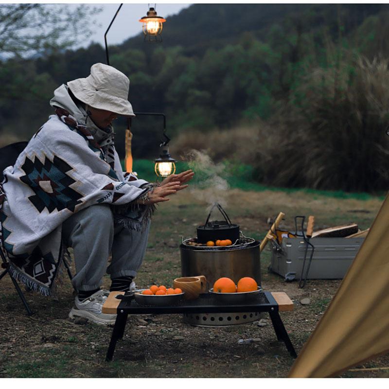 Portable Folding Camping Table with Solid Wood Top and Iron Mesh Surface Heat Resistant Outdoor Picnic Desk Lightweight for Backyard Beach