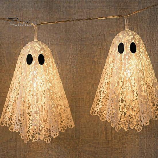 Cute Ghost Ornaments for Bedroom 6.6FT Halloween Light Up Garland, Lace LED Fairy String Light, Warm White Lights Home Spooky Hanging Bunting