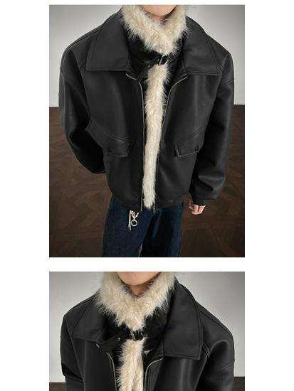 Men's Winter Thickened PU Leather Cotton Jacket with Fur and Stand Collar