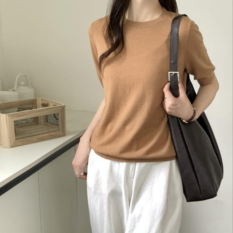 Wool round neck loose pullover knitted bottom women's age-reducing inner short-sleeved sweater
