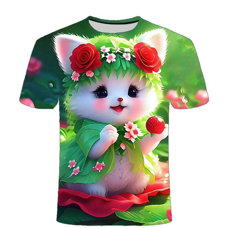 Summer Men's Cute Cat 3D Printed Short Sleeved T-shirt Street Style Urban Fashion Round Neck Top Niche Comfortable Casual Loose Pullover