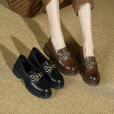 Fashion /Autumn Women Shoes Platform Shoes Women Round Toe Chunky Heel Shoes Women Loafers Leather Shoes Plaid Metal Pumps