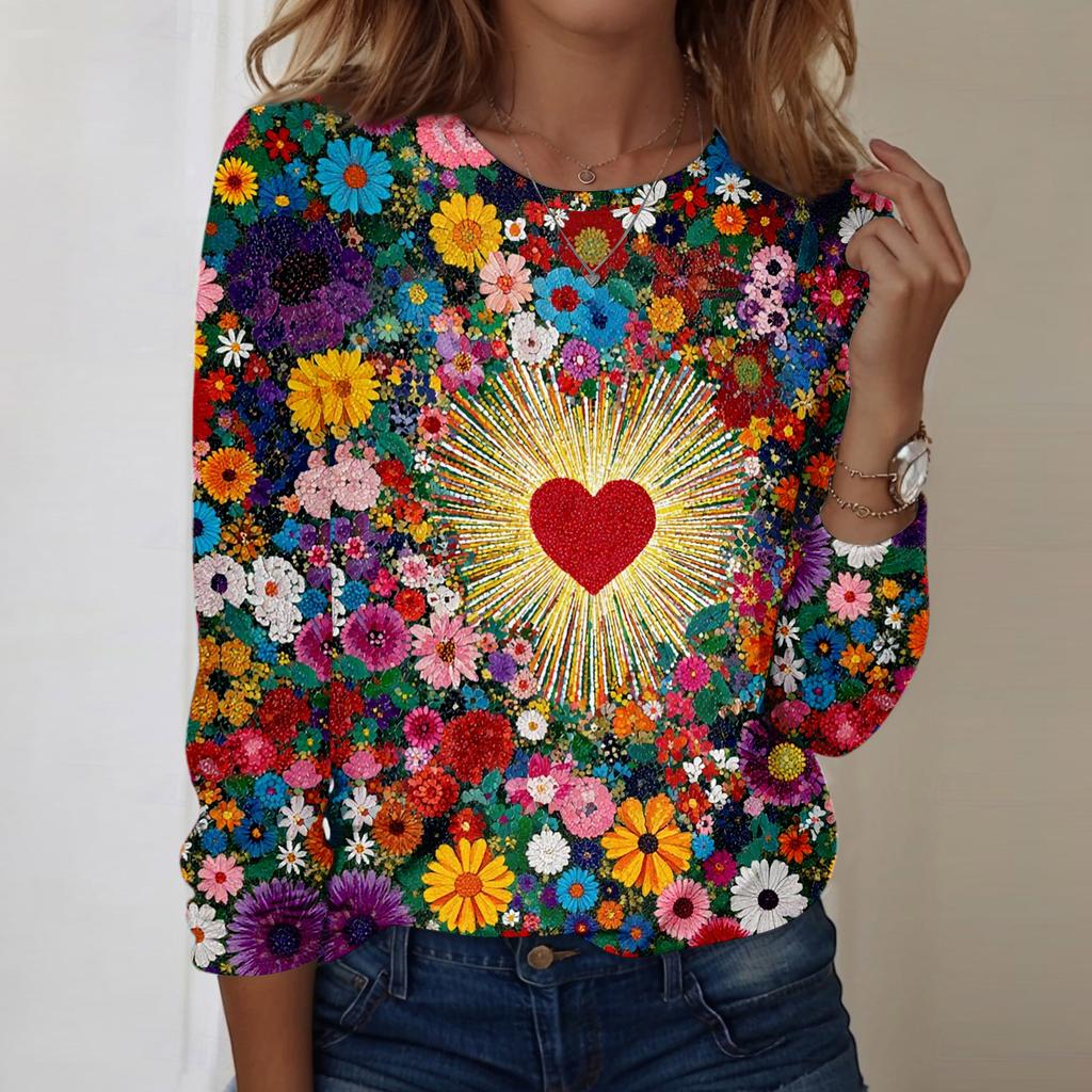 Women's Casual Long,sleeved Valentine's Day Printed Round Neck Top