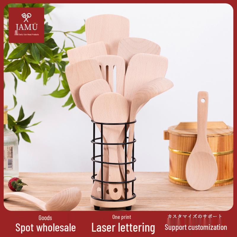 Japanese Non-Stick Wok Set: Spatula, Soup Ladle, Rice Spoon, Frying Pan, Stir-Fry Utensils, Solid Wood Handles