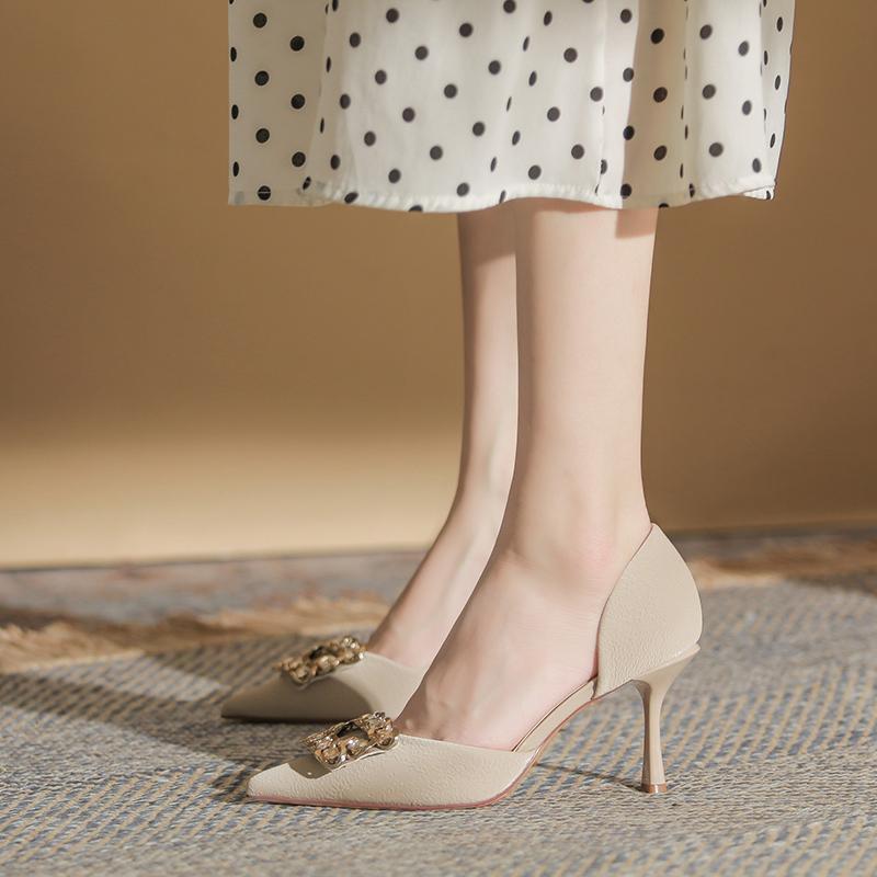 Square buckle rhinestone high heels women's thin heels 2025 new hollow French temperament not tired feet pointed single shoes women's shoes