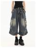Amerikanische Retro Damen Multi-Taschen Denim Capri Shorts - Locker, Weitbein, Mittellang Sommer Arbeitskleidung