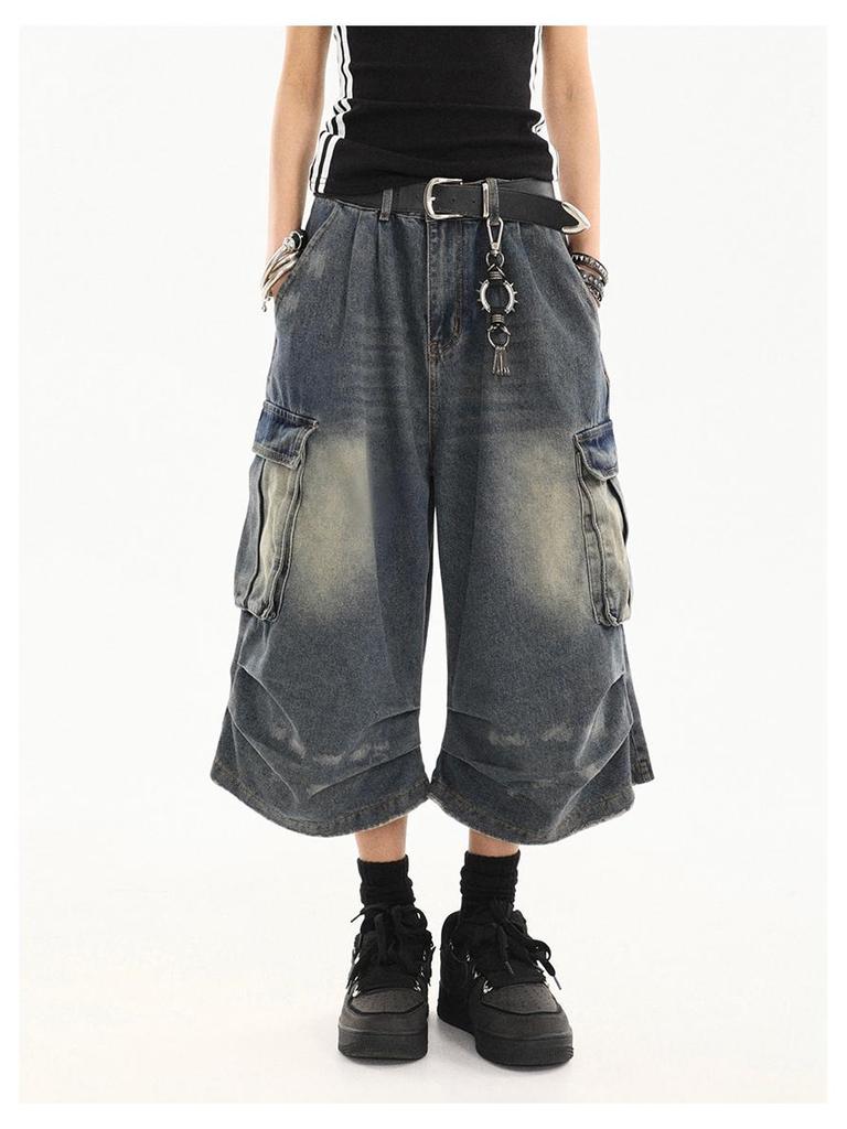 Pantaloni Capri din Denim cu Buzunare Multiple pentru Femei în Stil Retro American - Largi, cu Picior Lat, Lungime Medie, Haine de Lucru de Vară