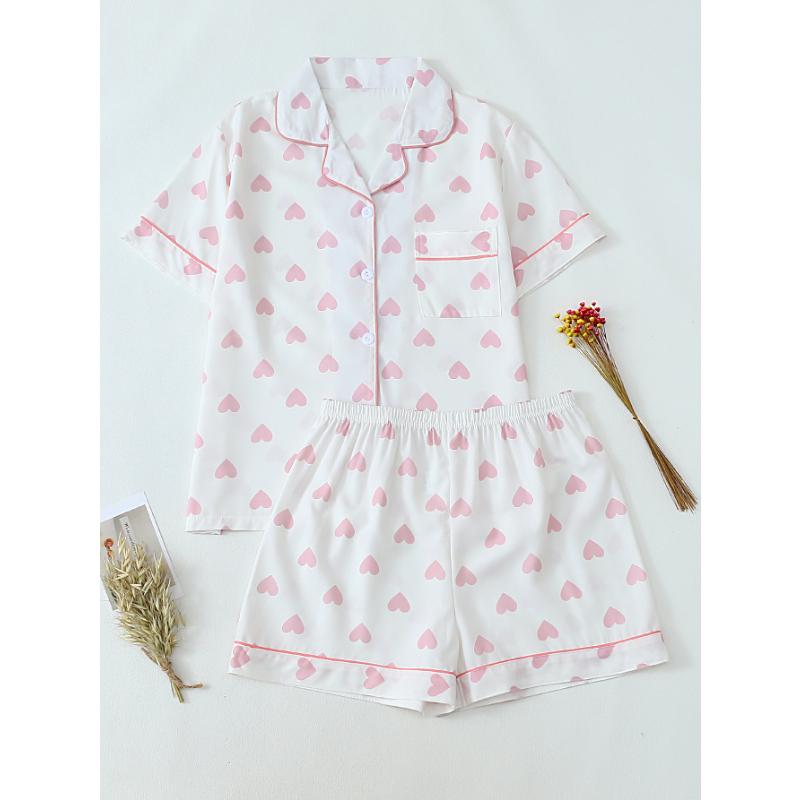 Summer Women Short Sleeve Top and Shorts 2 Piece Set Pajamas Female Fashion Casual Loose Sleepwear Bow Print Cardigan Pyamas Set