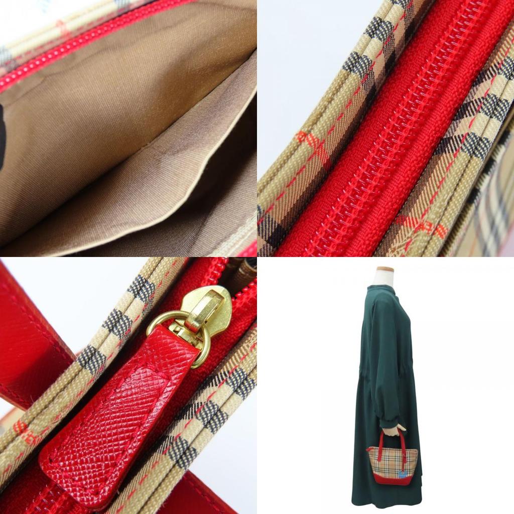Used BURBERRY Handbag canvas/leather Red beige Nova Check