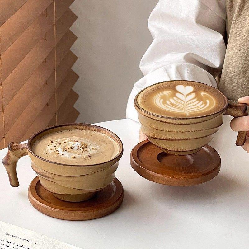Vintage Ceramic Coffee Mug – Rustic Handmade Latte Cup with Bamboo-Style Design