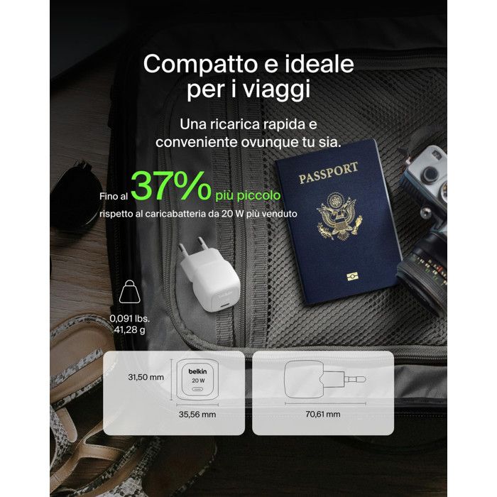 Belkin Caricabatteria Da Parete USB-C 20W Compatto Ricarica Rapida Bianco