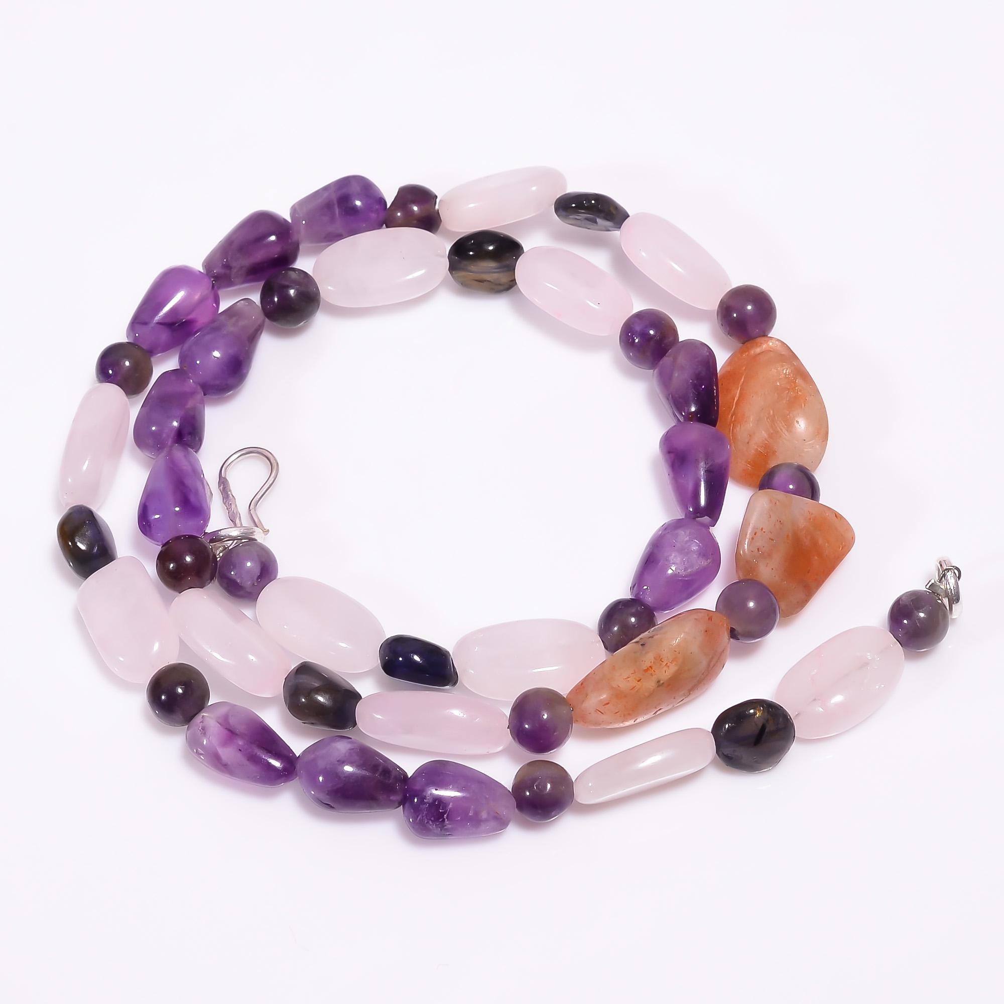 

Natural Sunstone Amethyst Rose Quartz Gemstone Beads Necklace 6-16 mm 18 UB8190 UB-8190