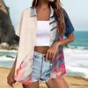 Women Casual Summer Beach Shirt Textured Print Short Sleeve Button Down Jacket Top Lightweight Loose Fit
