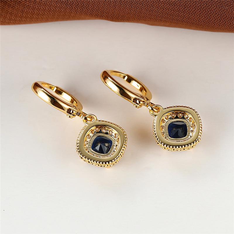 Blue Zircon Square Stone Hoop Earrings Female Luxury Crystal Wedding Earrings Vintage Gold Color Bridal Earrings for Women Gifts