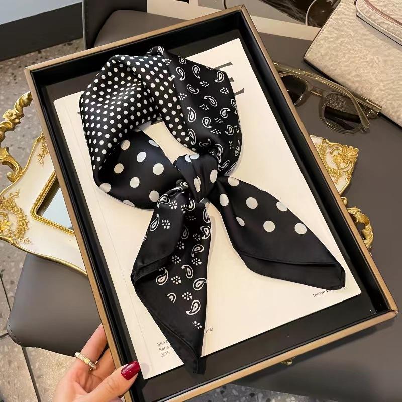 27" Black White Polka Dot Square Scarf Elegant Style Thin Silky Neck Scarf Casual Decorative Hairband For Women
