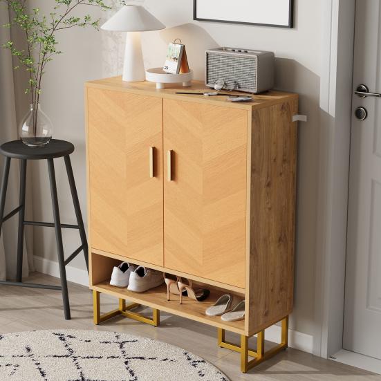 Modern, Minimalist Shoe Cabinet, Unique Wood Grain, Golden Iron Frame, Two-Door Storage Cabinet, Narrow Shoe Cabinet, Shoe Rack, Shoe Tipper,