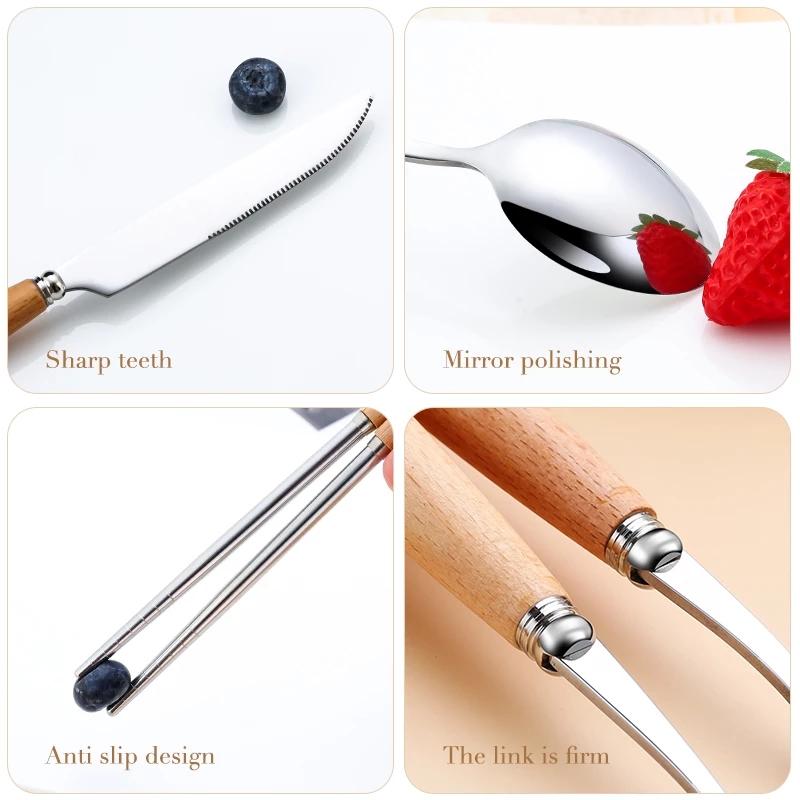 304 Stainless Steel Dinnerware Glossy Silver Wooden Tableware Western Food Knife Fork Teaspoon Cutlery Kitchen Accessories 1PCS
