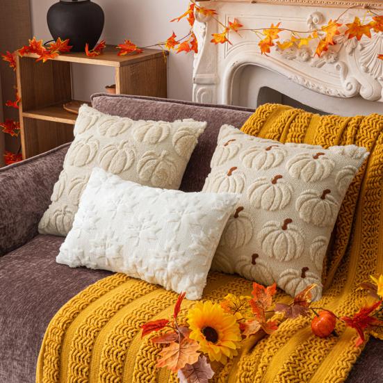 Decorative Pillow Case Embroidery Maple Leaves Pumpkin Pattern Pillow Cover Removable