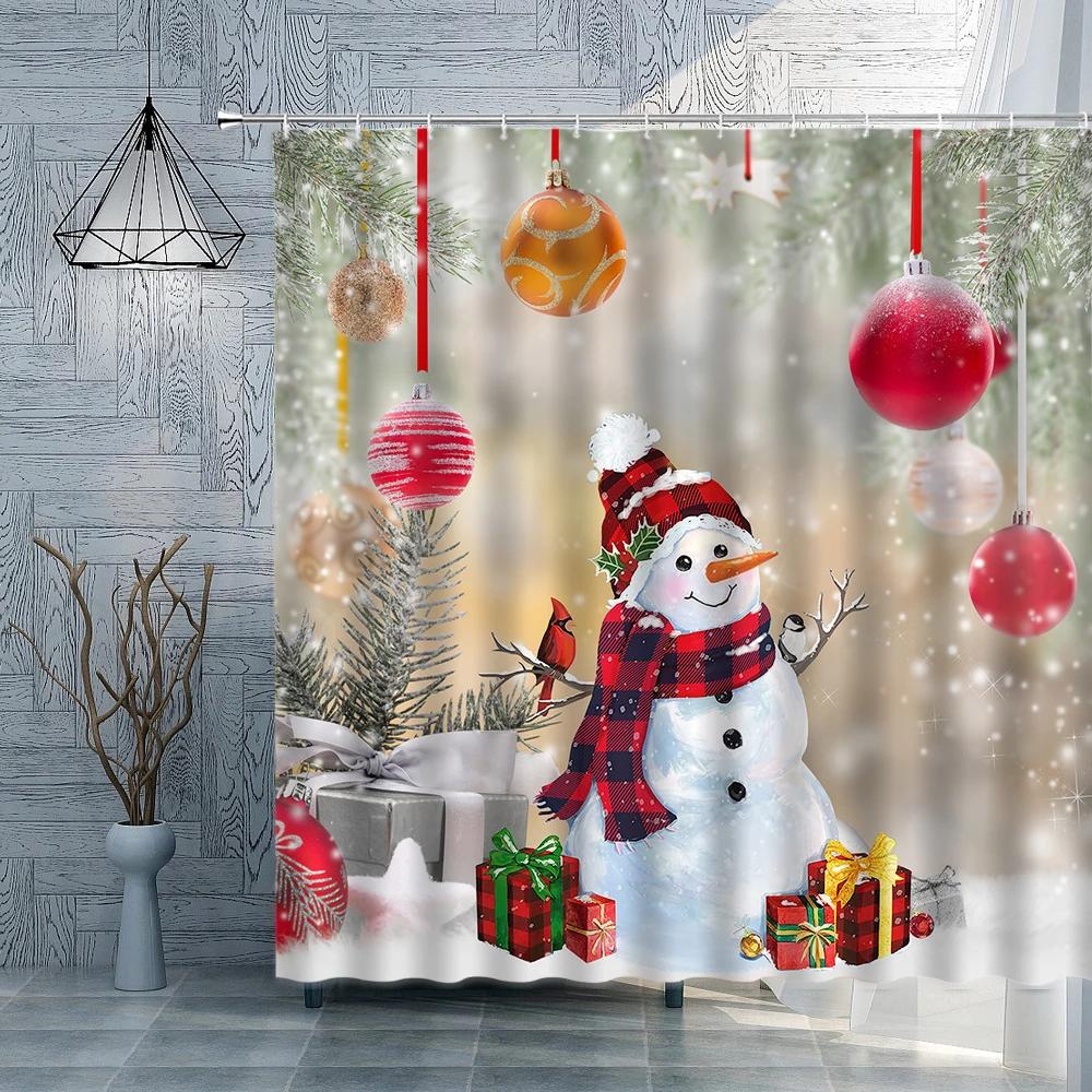 Christmas Shower Curtain Blue Xtmas Balls Snowflake Snowmen Gift Brid Winter Holiday New Year Fabric Bathroom Curtains Decor Set