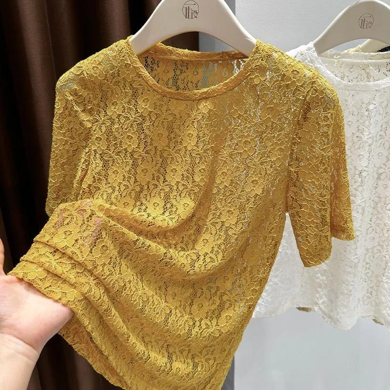 Top Sottogiacca T-shirt da Donna Estiva con Intagli in Pizzo a Maniche Corte