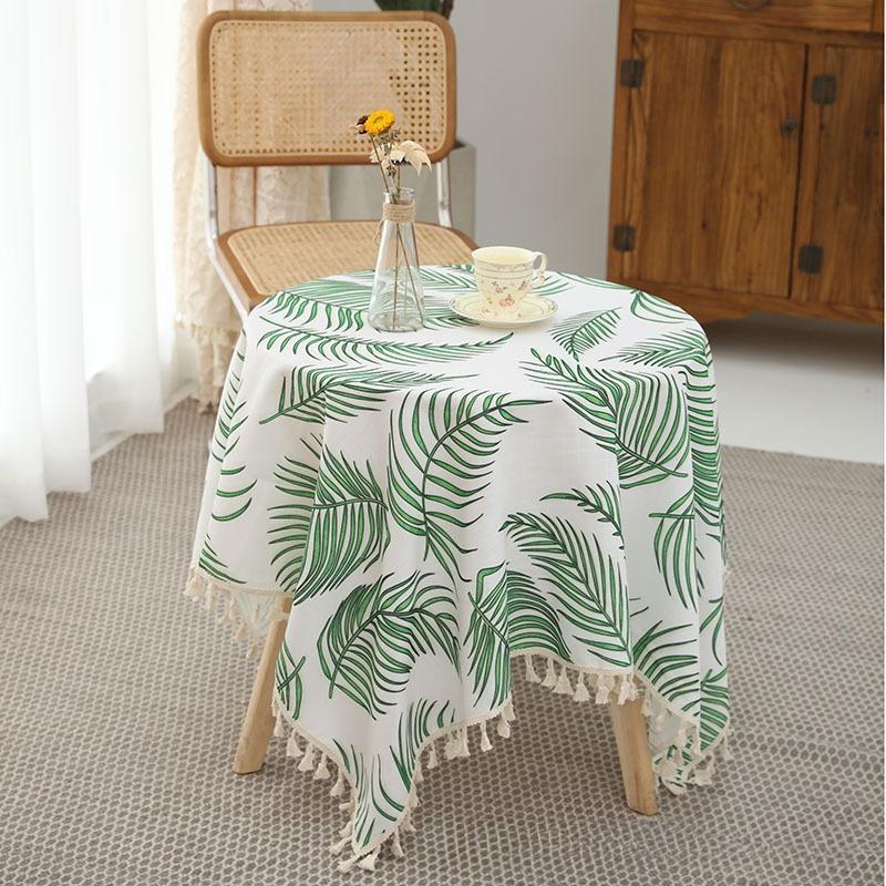Pastoral Style Cotton and Linen Tea Table Towel Fashionable and Minimalist Green Leaf Tablecloth Rectangular Tassel Table Cloth Large Size Table Cover