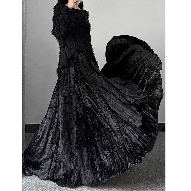 Autumn-Winter Velvet High-Waist Long Skirt - Women's Chinese Style Umbrella Design