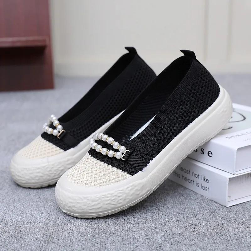 

Мода 2024 года, брендовые женские туфли на плоской подошве, модные повседневные туфли на плоской подошве с бисером и круглым носком, женские высококачественные сетчатые туфли на низком каблуке 41 чёрный