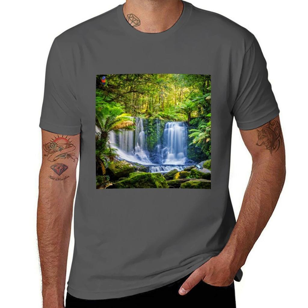Tropical Exotic Rainforest Green Forest Waterfall Tshirt Work Basic Short Sleeve Top