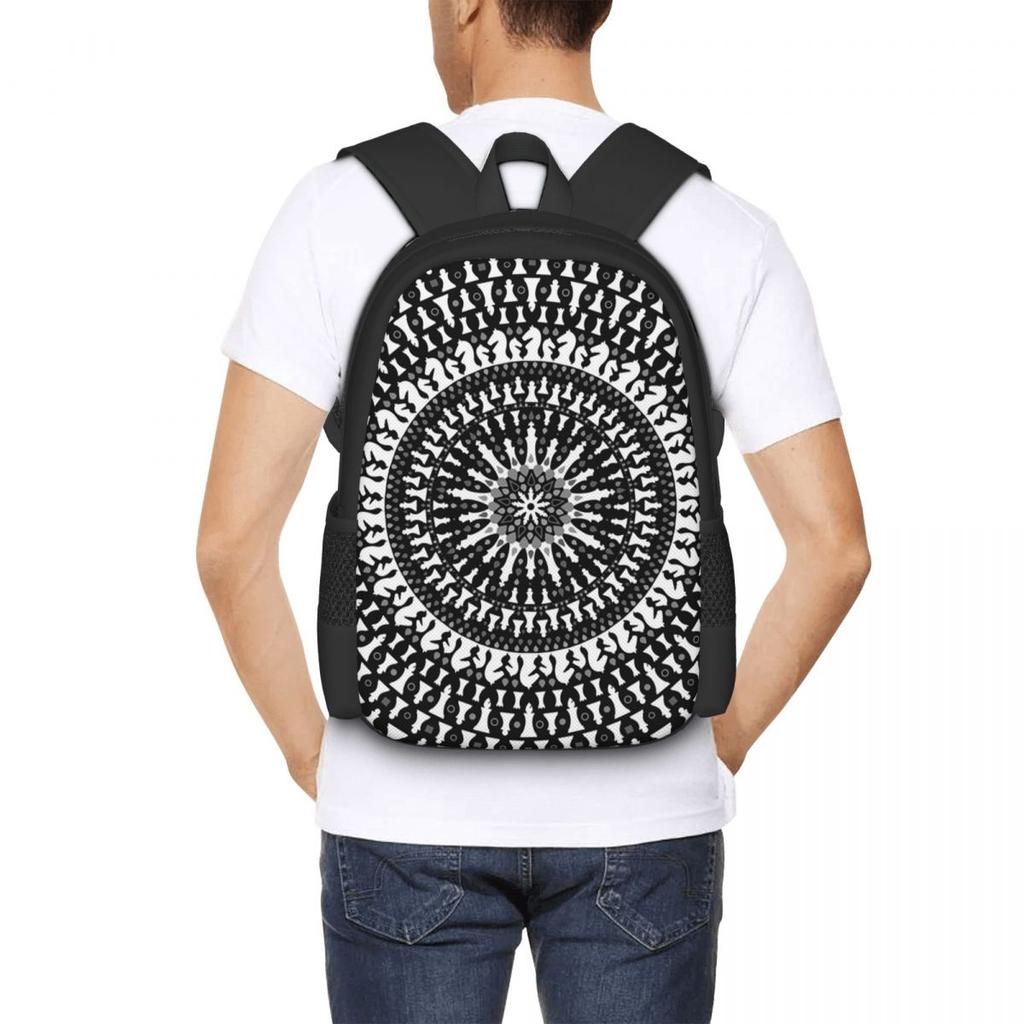 Mandala Pièces d'Échecs Plateau d'Échecs Tons de Gris Sac à Dos Étudiant Sac d'École Sac à Dos de Randonnée Voyage Journée pour Hommes Femmes Sac à Livres Sacs à Bandoulière