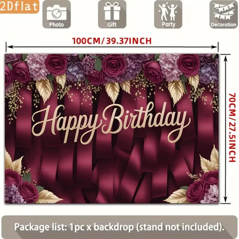 2D Birthday Photography Backdrop Burgundy Background with Purple Flowers and Satin Ribbons