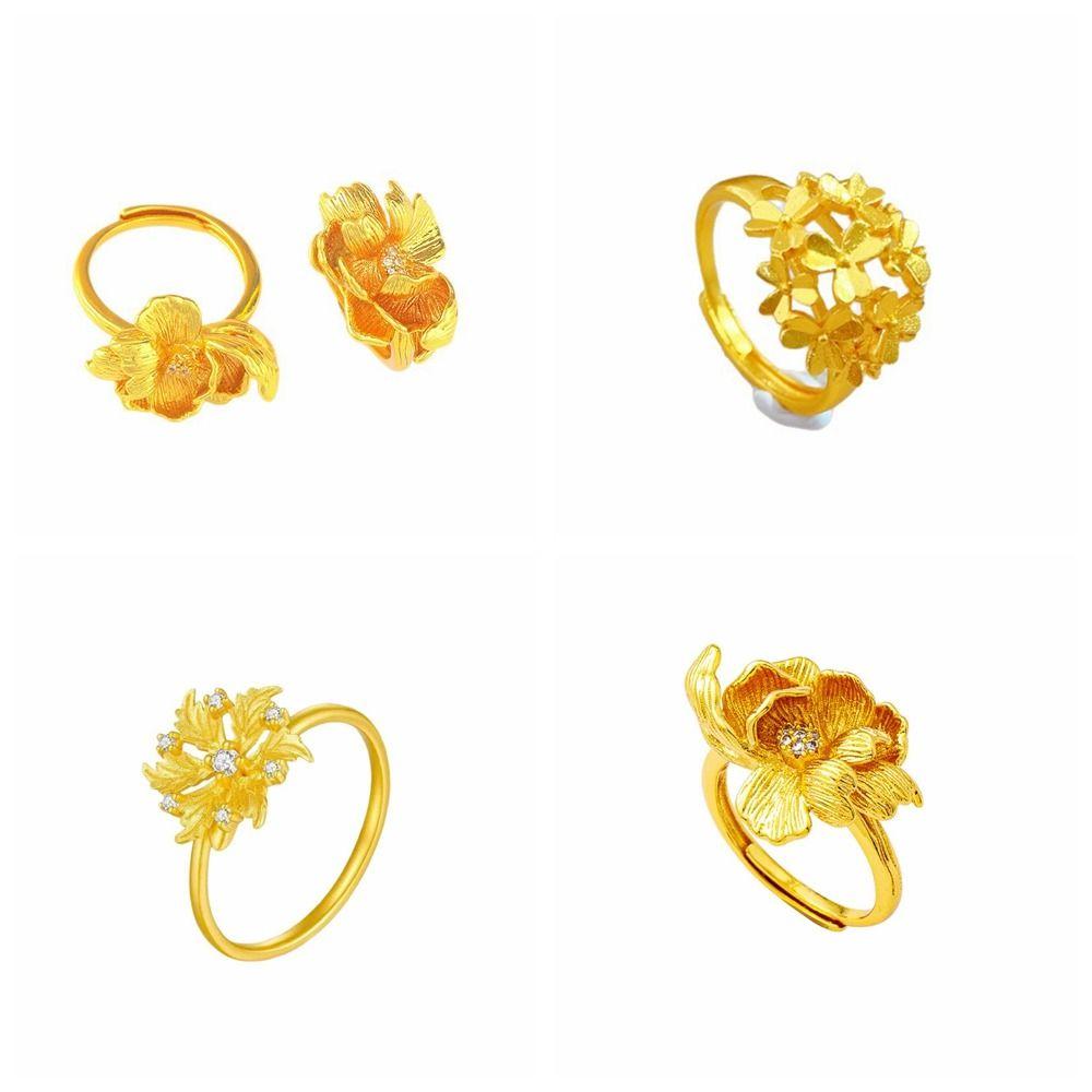 Gold Plated Peony Rhinestone Rings Copper Gold Jewelry Accessories Floral Adjustable Ring Gift
